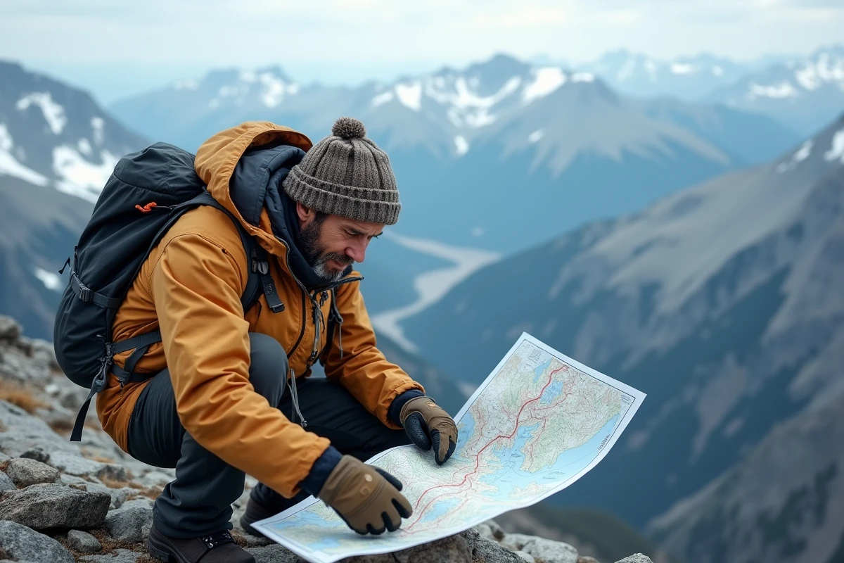 Alpiniste expérimenté étudiant une carte topographique sur un rocher en altitude avec panorama de chaînes montagneuses enneigées en arrière-plan