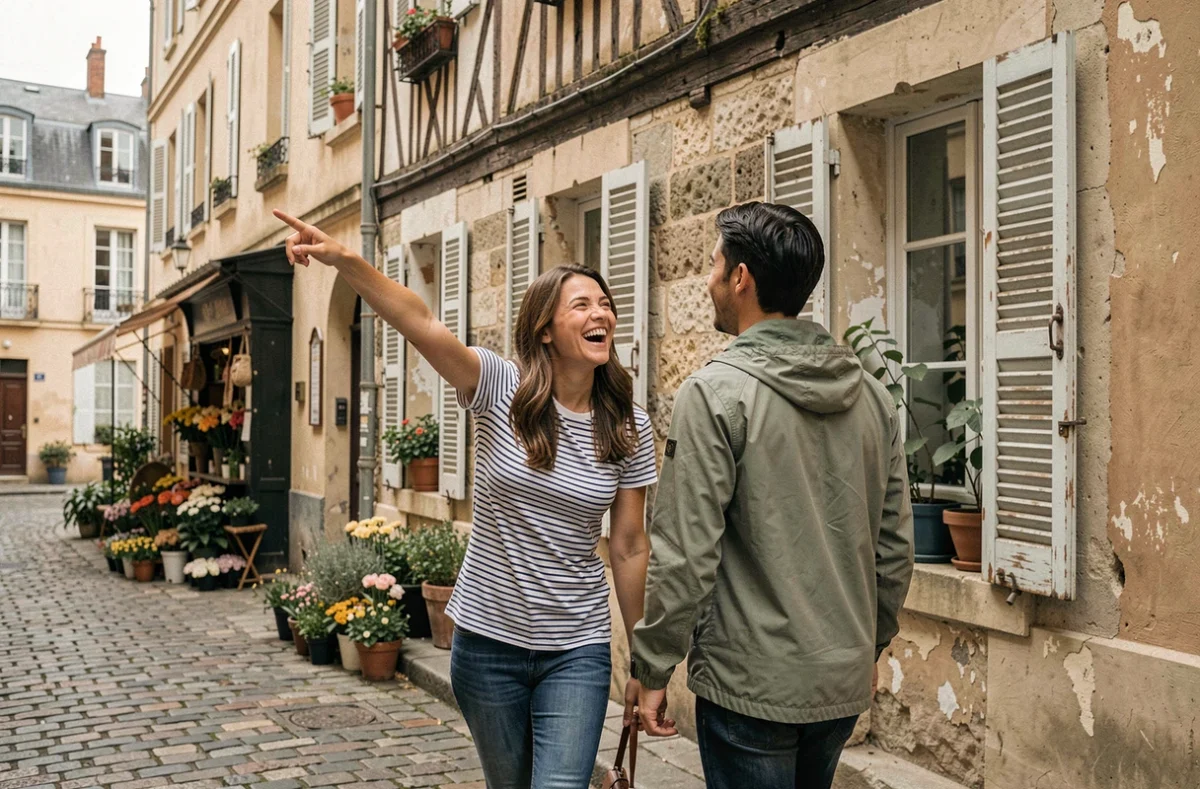 Deux amis marchant et riant dans une rue pavée du Marais à Paris lors d'une balade à pied sans stress