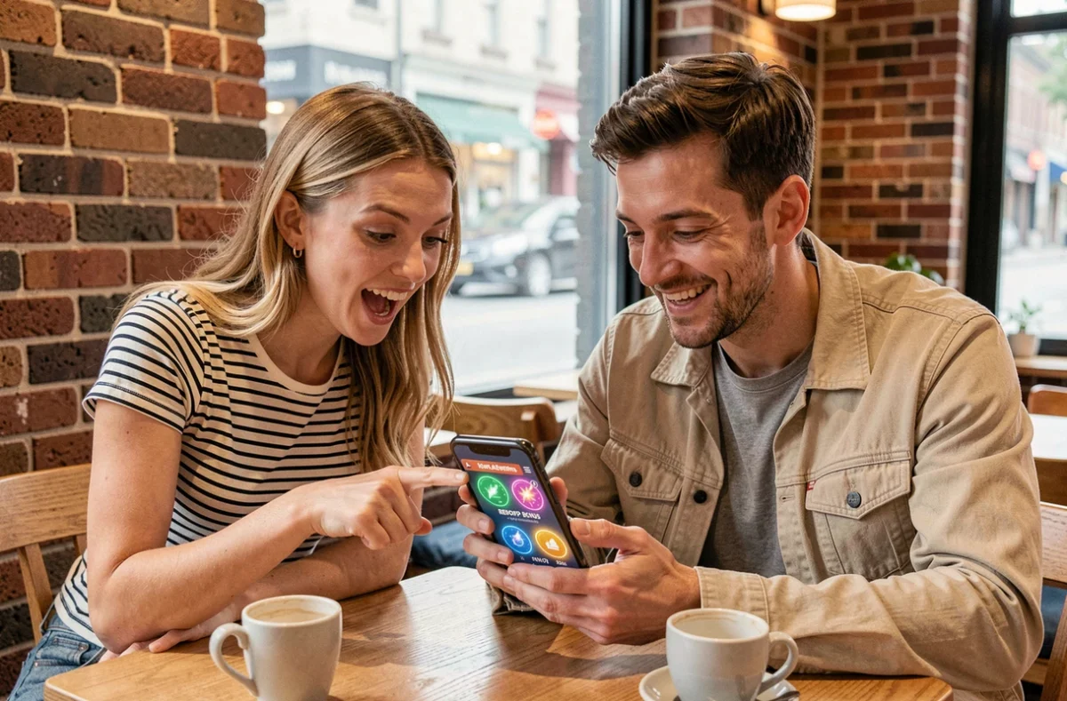 Deux amis dans un café partageant des liens d'énergie gratuits sur Travel Town