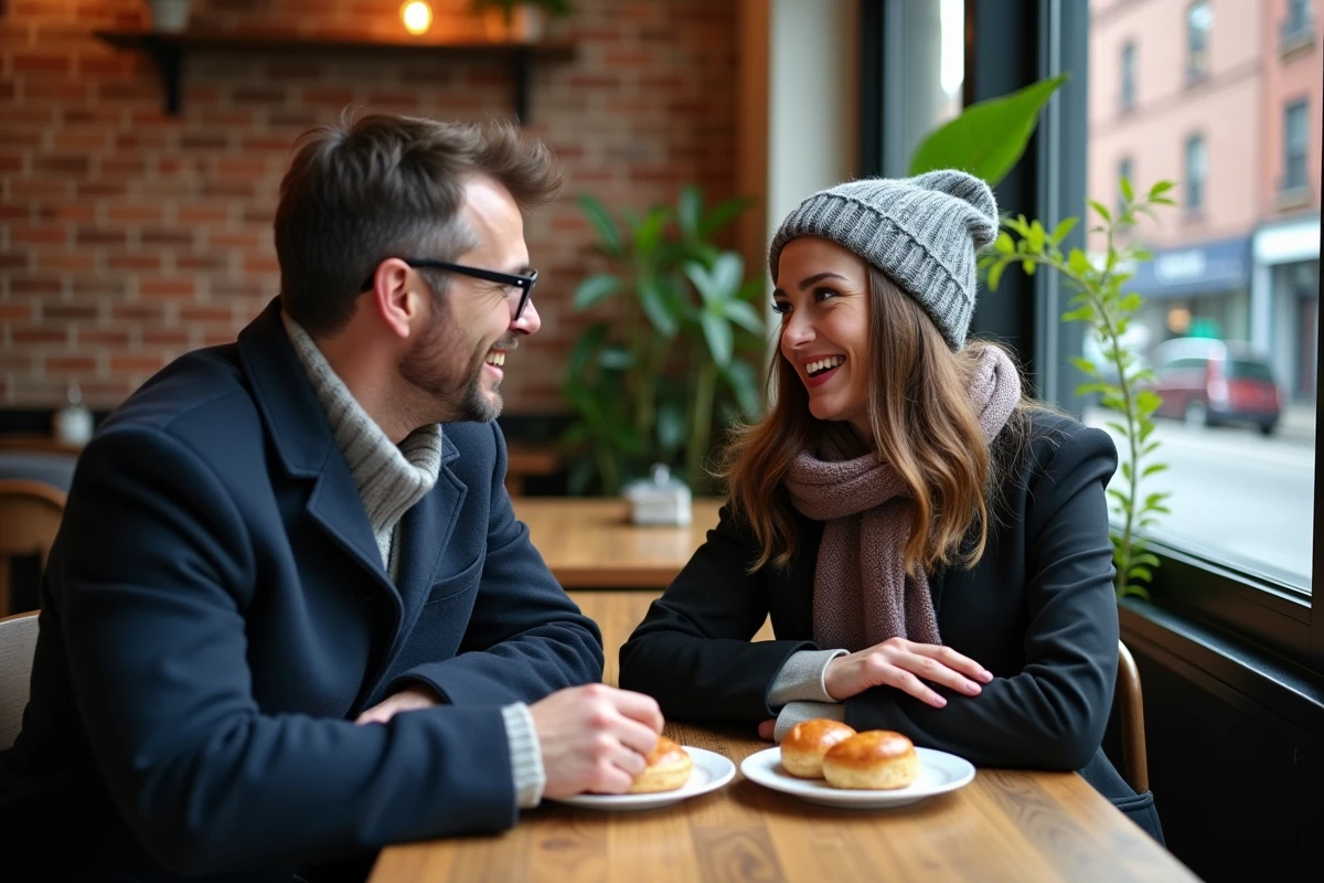 Deux amis au café à SoHo partageant des pâtisseries et riant