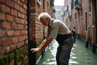 Artisan venetien âgé inspectant un mur en briques ancien