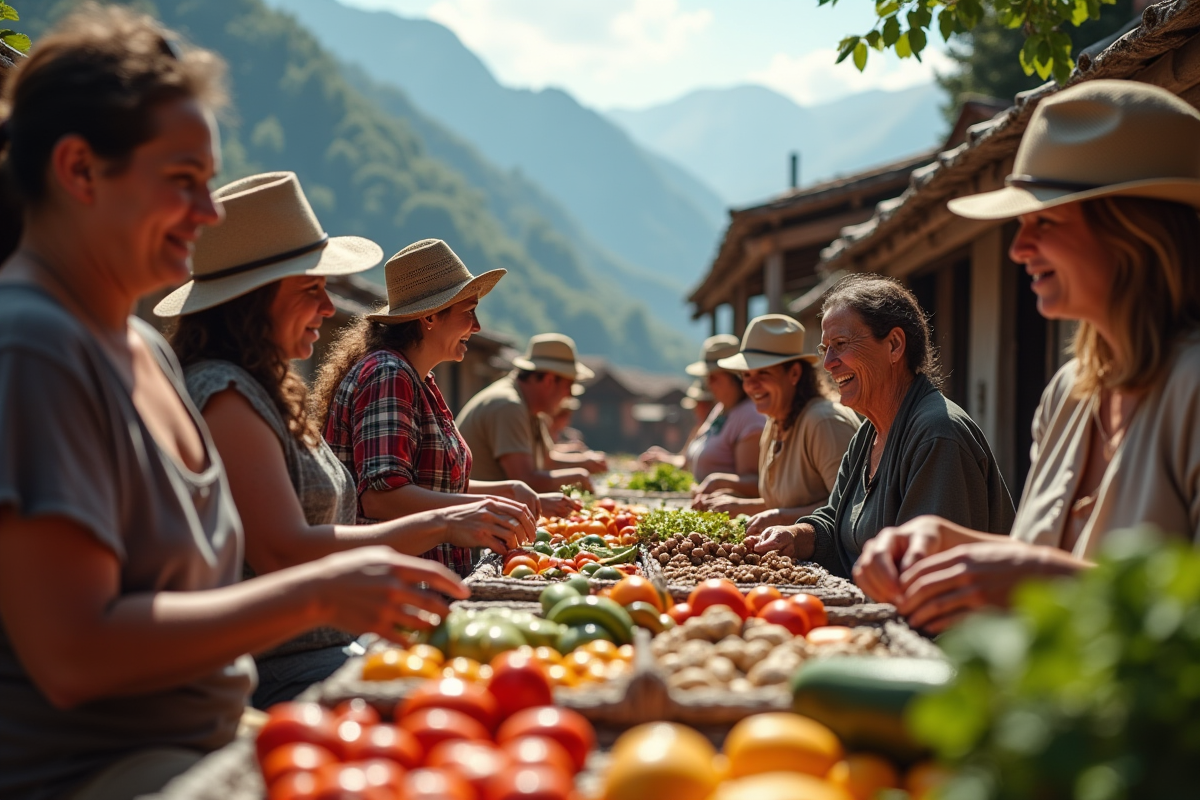 Artisans et touristes échangent dans un marché écologique