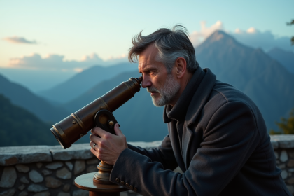 Astronome d'âge moyen regardant à travers un télescope ancien sur un observatoire