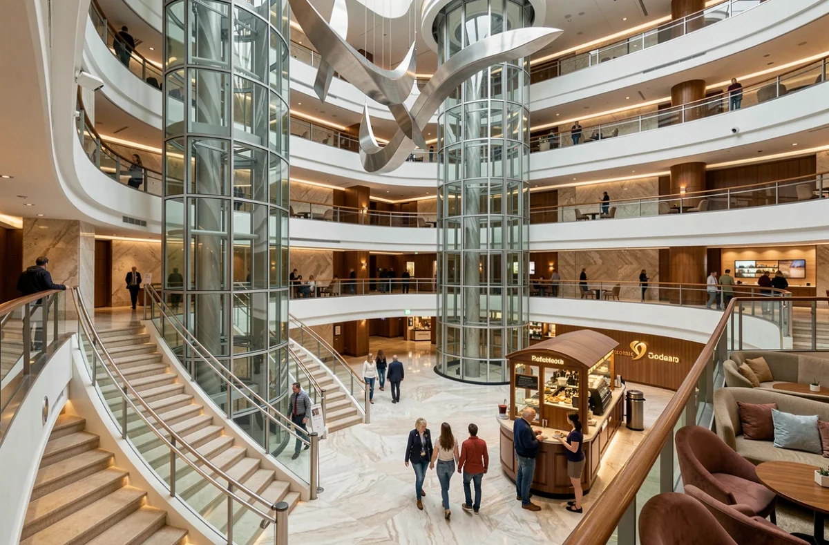 Atrium intérieur spectaculaire d'un nouveau navire de croisière de luxe avec escaliers et galeries modernes