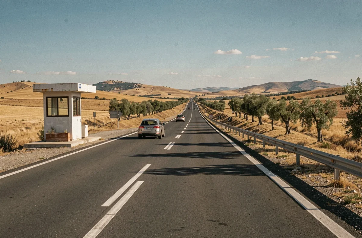 Autoroute espagnole désormais gratuite traversant la plaine de Castille avec d'anciens péages abandonnés sur le bord de la route