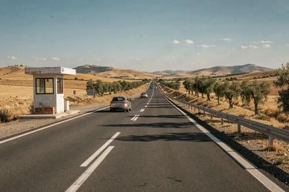 Autoroute espagnole désormais gratuite traversant la plaine de Castille avec d'anciens péages abandonnés sur le bord de la route