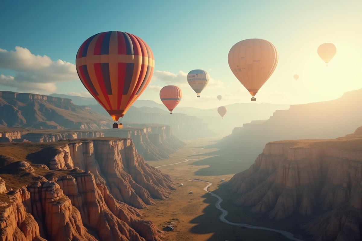 Groupe de montgolfieres survolant un paysage montagneux