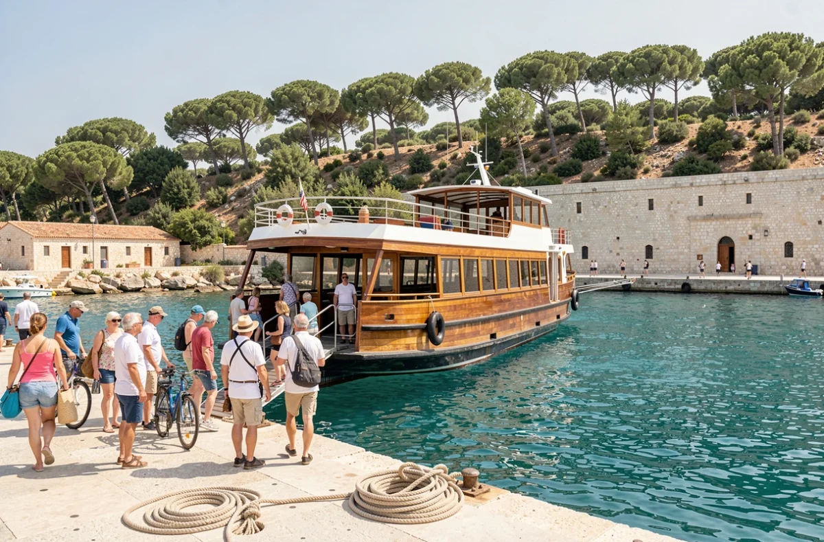 Bateau de passagers accosté au quai de Porquerolles avec des touristes embarquant pour la traversée