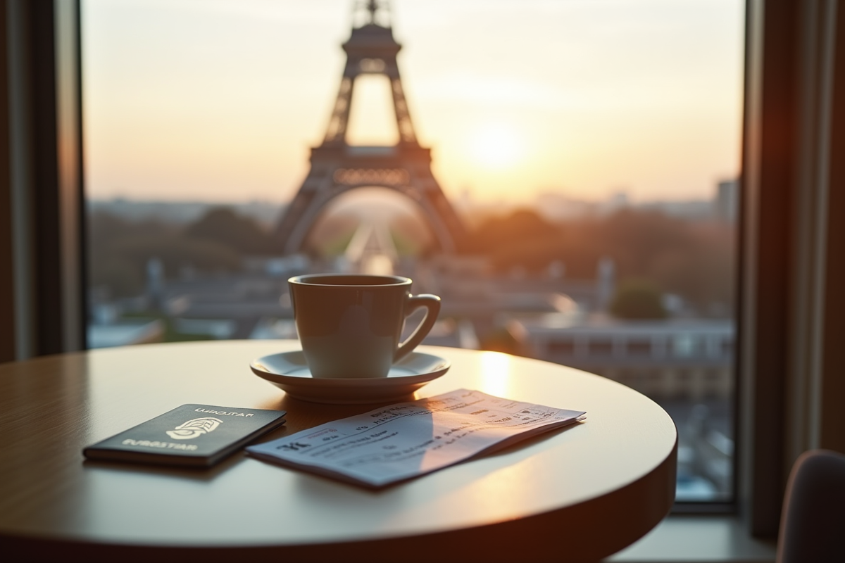Billet Eurostar et café avec tour Eiffel en arrière-plan