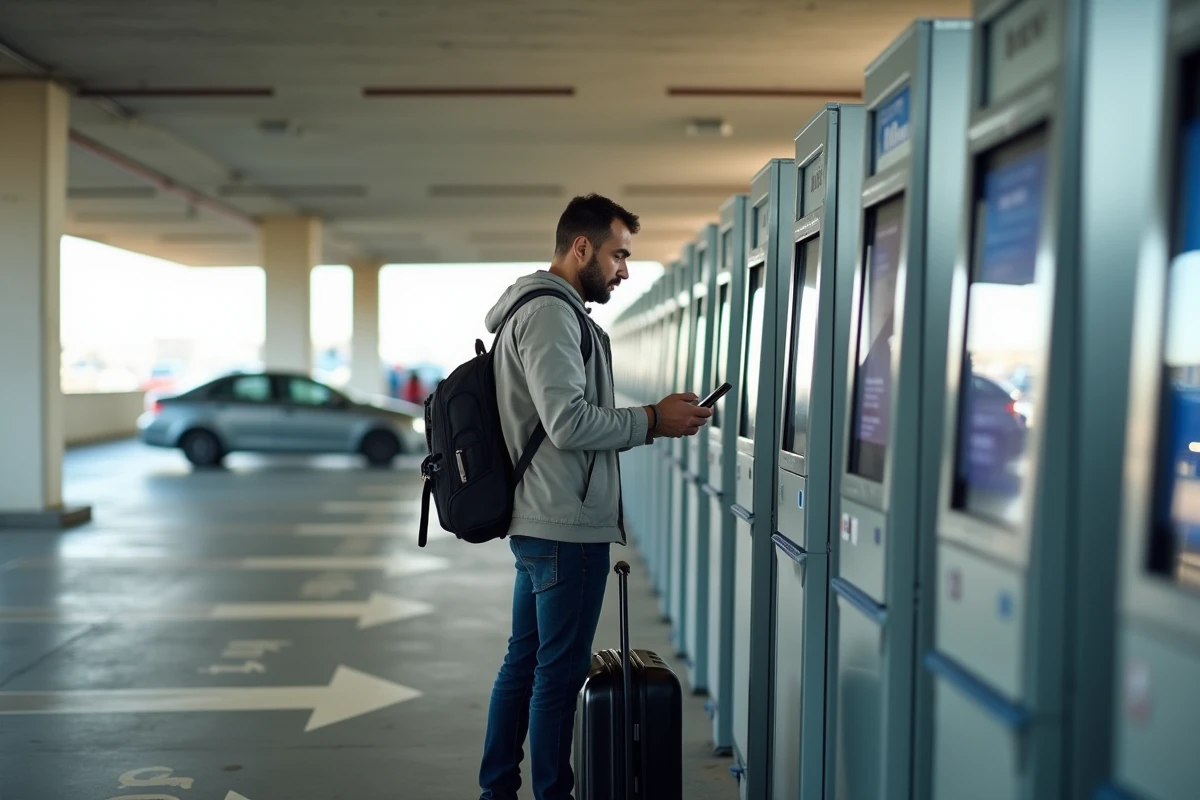 Voyageur consultant la borne de paiement du parking de l'aéroport Mohammed V avec son bagage à roulettes
