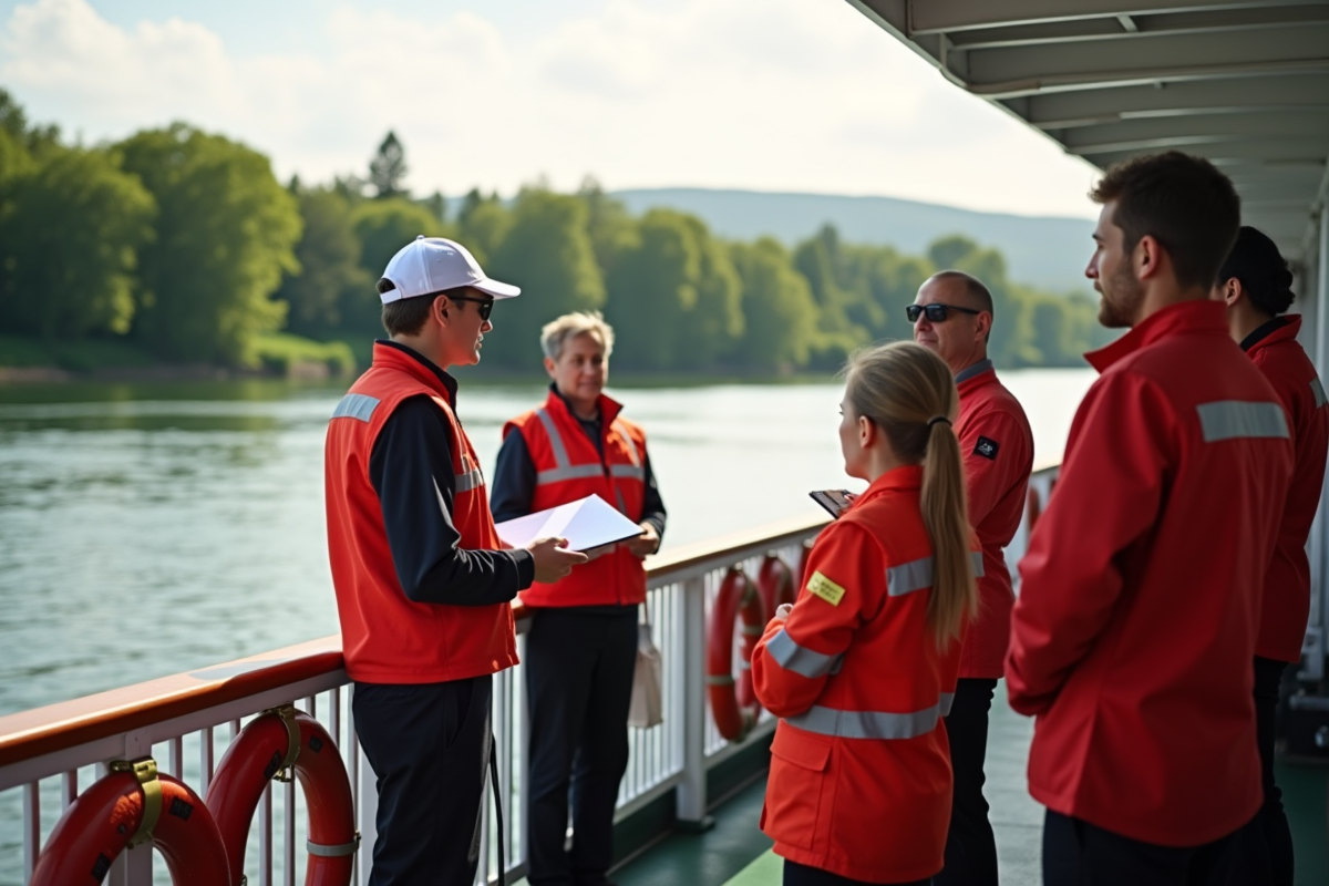 Agent de sécurité donnant un briefing aux passagers sur le bateau
