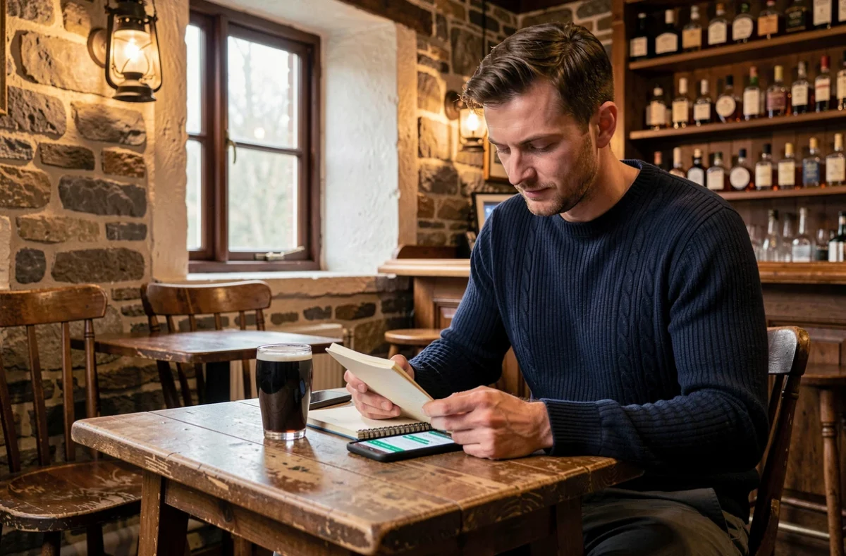 Homme planifiant son budget de voyage en Irlande dans un pub traditionnel irlandais avec murs en pierre et bière brune