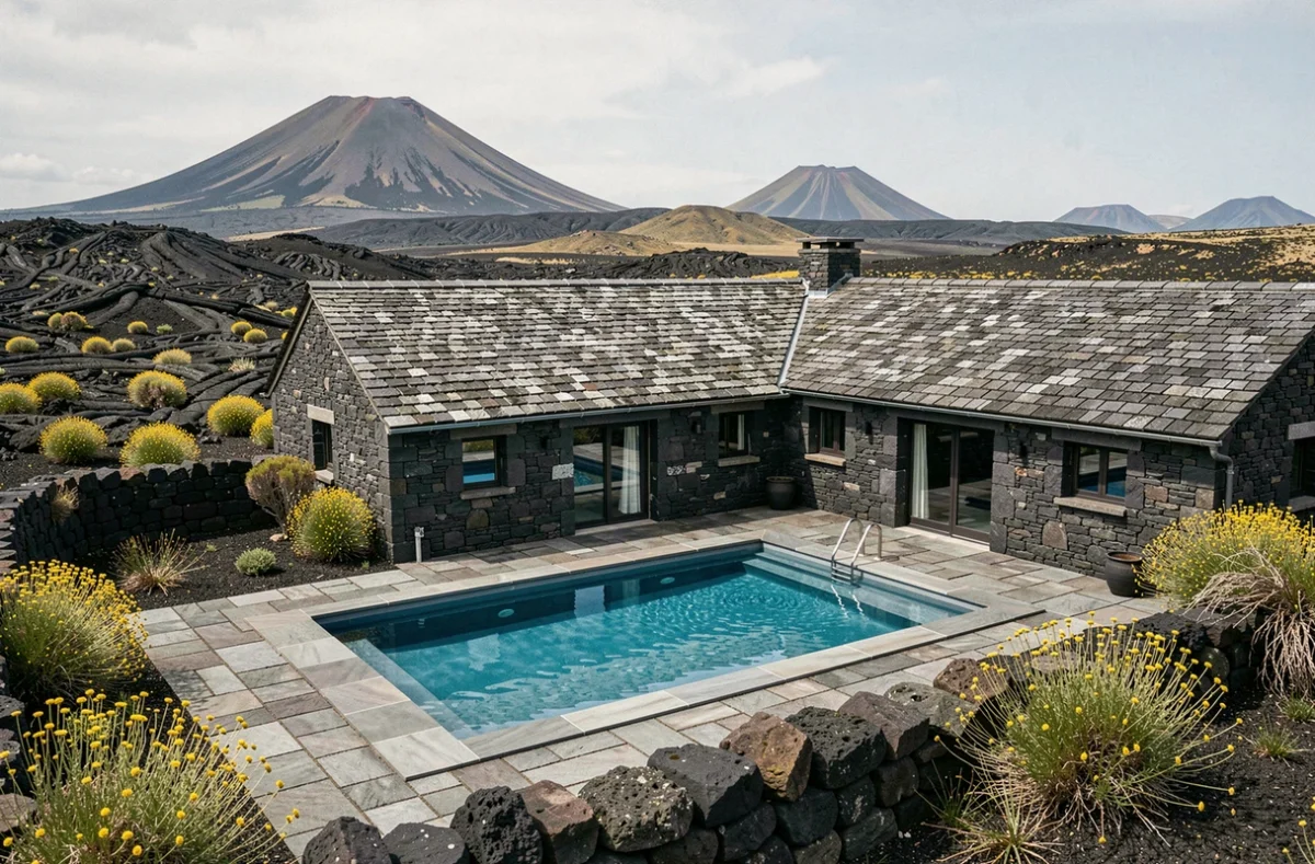 Le Buron de Niercombe dans le Cantal avec piscine moderne dans la cour en basalte volcanique et paysage de plateau volcanique