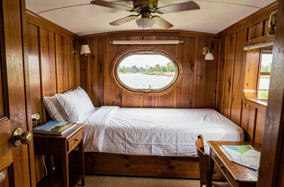 Cabine intérieure chaleureuse d'un petit bateau de croisière sur le Nil avec hublot, lit en lin blanc et boiseries en teck