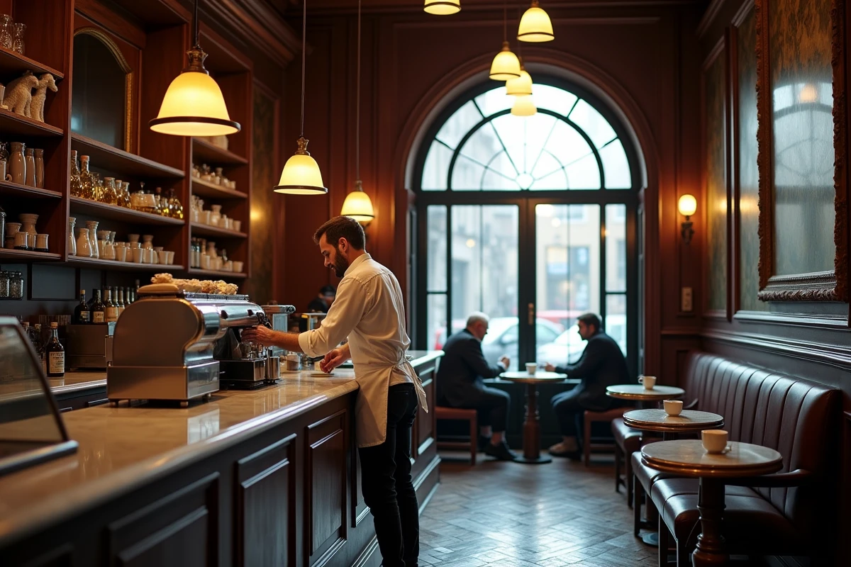 Intérieur d'un café historique napolitain avec comptoir en marbre et barista préparant un espresso par temps de pluie