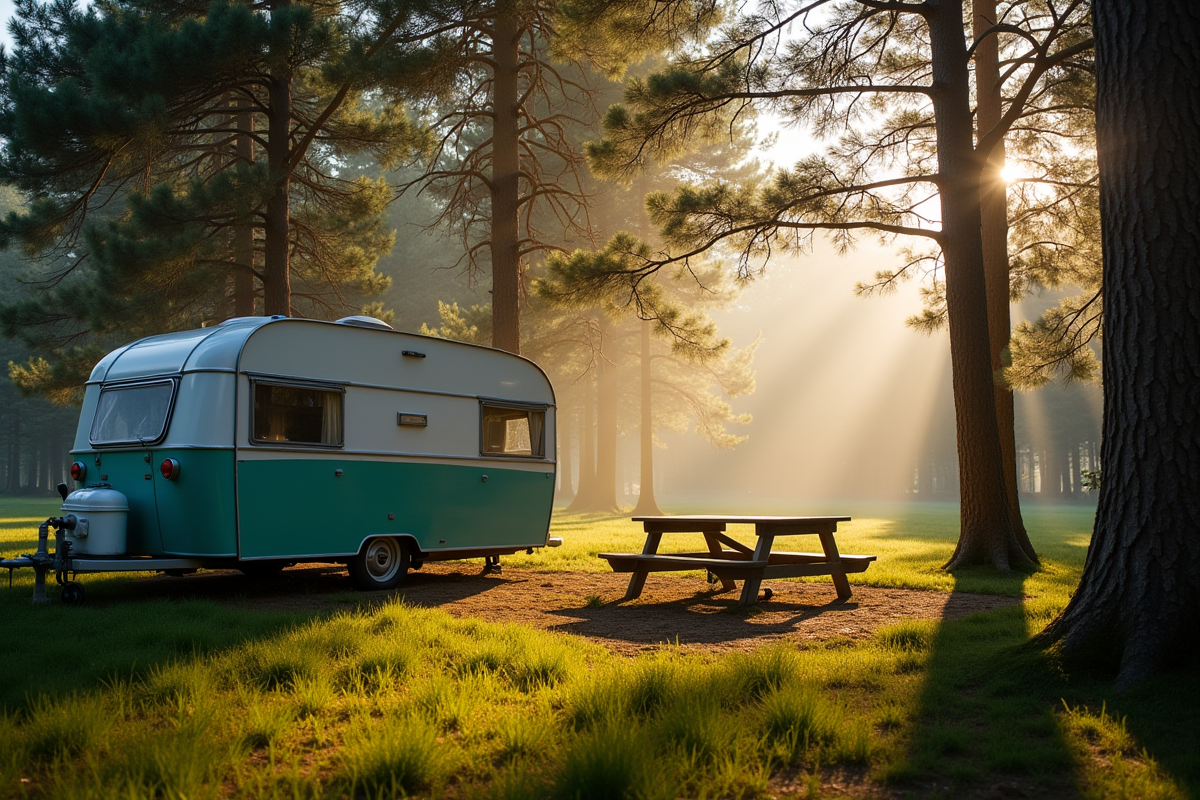 Caravane traditionnelle sous les pins avec matin calme et lumière