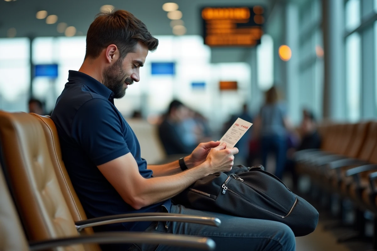 Voyageur examinant sa carte d'embarquement prioritaire Volotea dans le salon de départ d'un aéroport