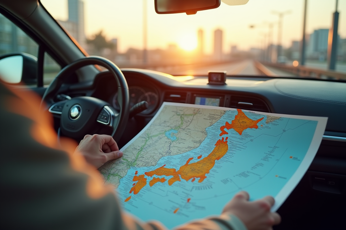 Plan de voyage du Japon avec GPS et tasse sur le tableau de bord