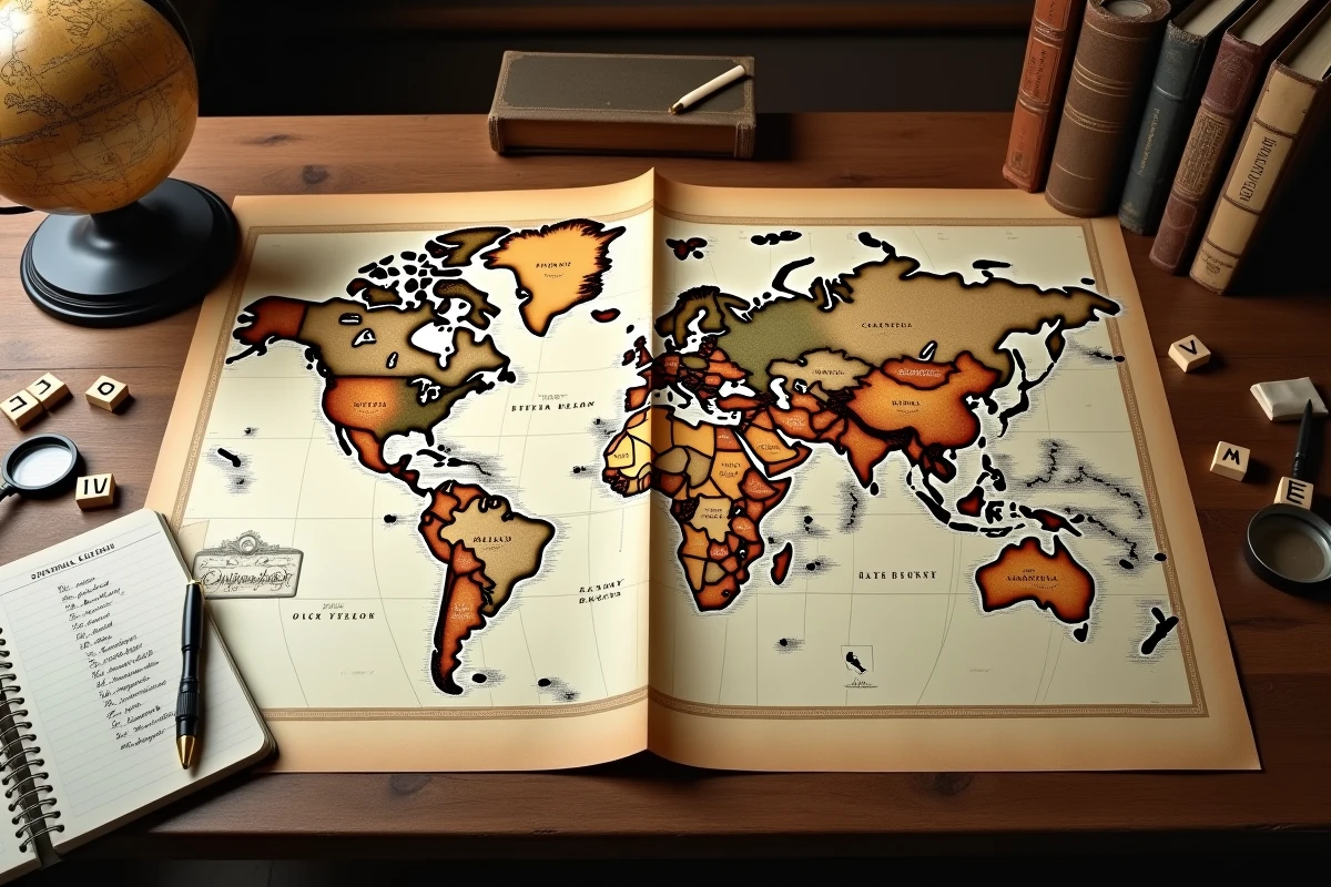 Carte du monde dépliée sur un bureau avec des tuiles de lettres et un carnet de noms de villes et pays