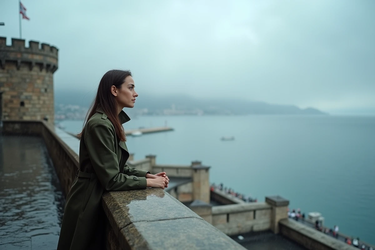 Vue panoramique depuis le Castel dell'Ovo de Naples par temps de pluie avec la baie brumeuse et le Vésuve en arrière-plan