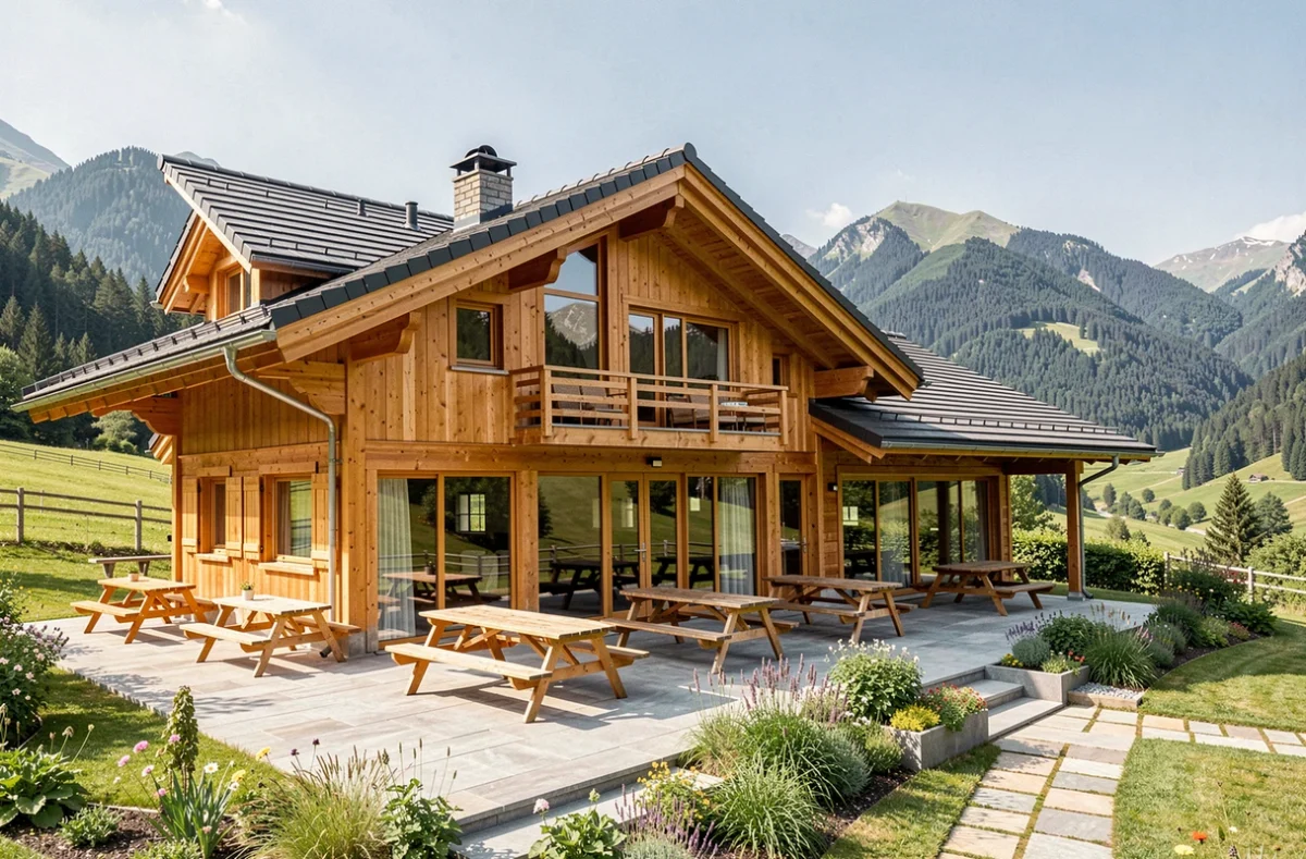 Chalet Koop en Haute-Savoie avec grande terrasse en bois et vue sur la vallée alpine, adapté aux groupes nombreux