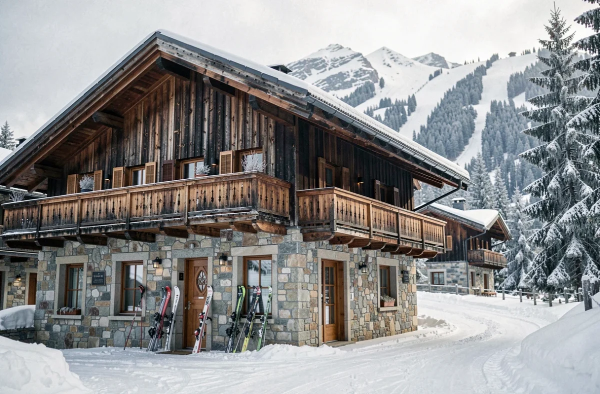 Chalet Les Chamois en Savoie avec pistes de ski enneigées visibles en arrière-plan et balcons en bois sculptés