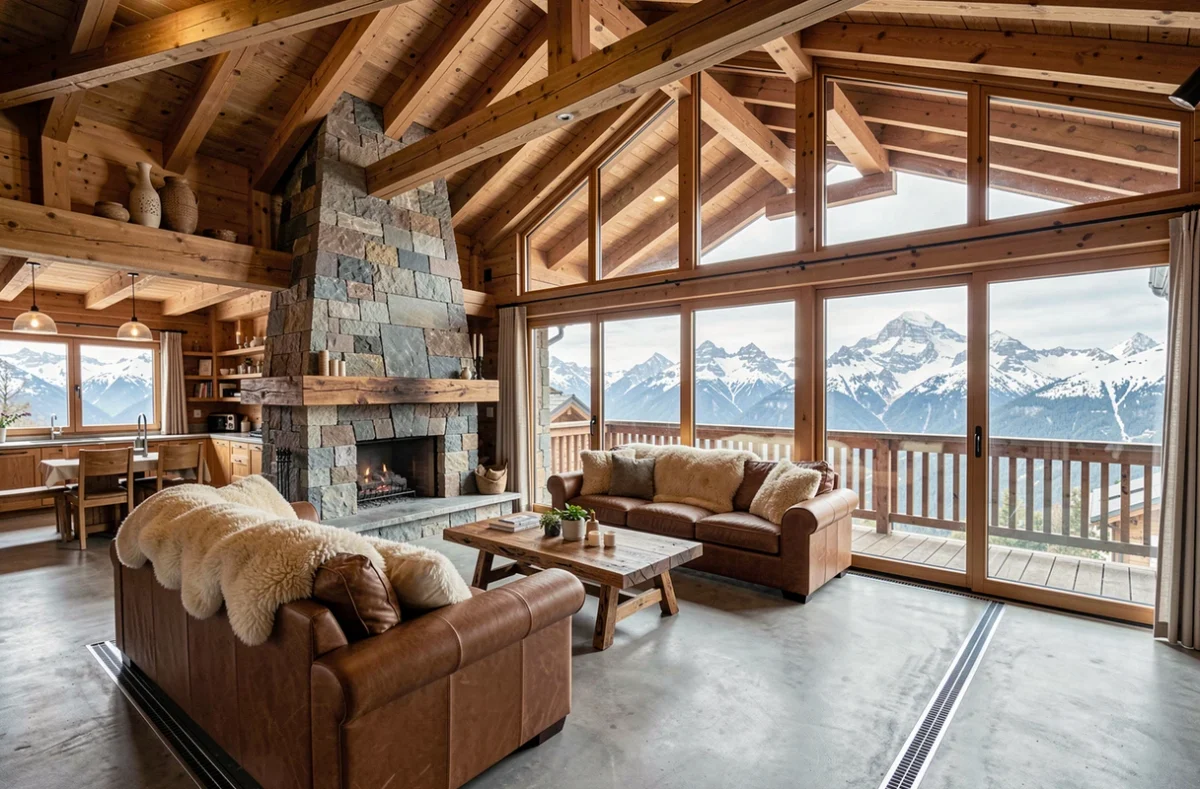 Intérieur haut de gamme du Chalet du Mont-Blanc en Haute-Savoie avec poutres apparentes, cheminée en pierre et vue panoramique sur le Mont-Blanc