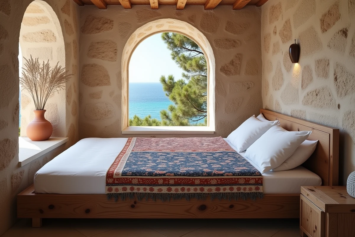 Chambre d'h&ocirc;tel de charme &agrave; Skopelos avec murs en pierre, literie blanche et vue sur une crique turquoise