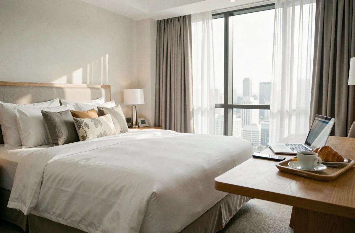 Chambre d'hôtel confortable utilisée à la journée avec bureau de travail et plateau petit-déjeuner