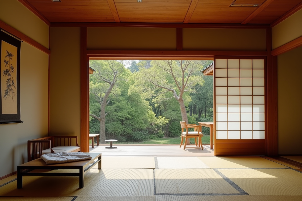 Salle de tatami avec futon et vue sur jardin intérieur japonais