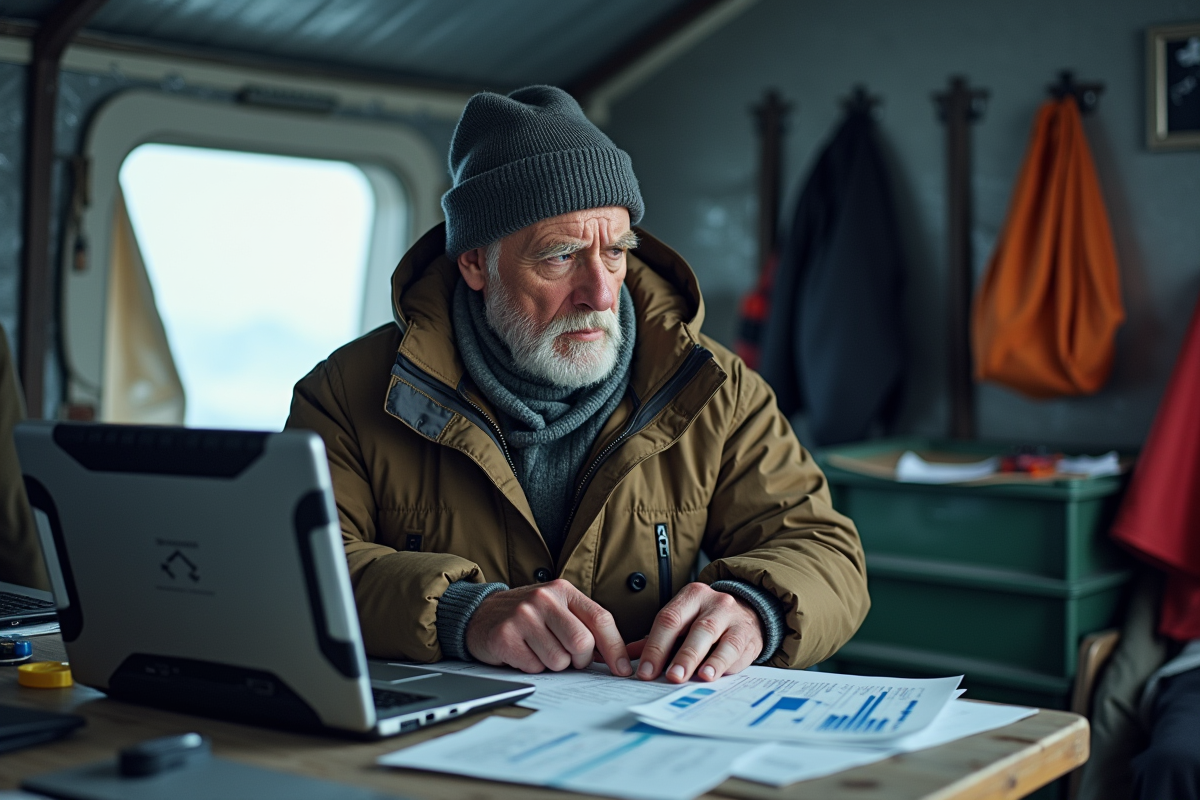 Chercheur expérimenté analysant des données dans un abri antarctique