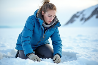 Jeune chercheuse polaire en pleine collecte d'échantillons de glace