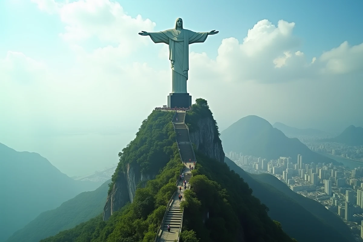 Vue en contre-plongée du Christ Rédempteur au sommet du Corcovado, dominant Rio de Janeiro sous un ciel nuageux
