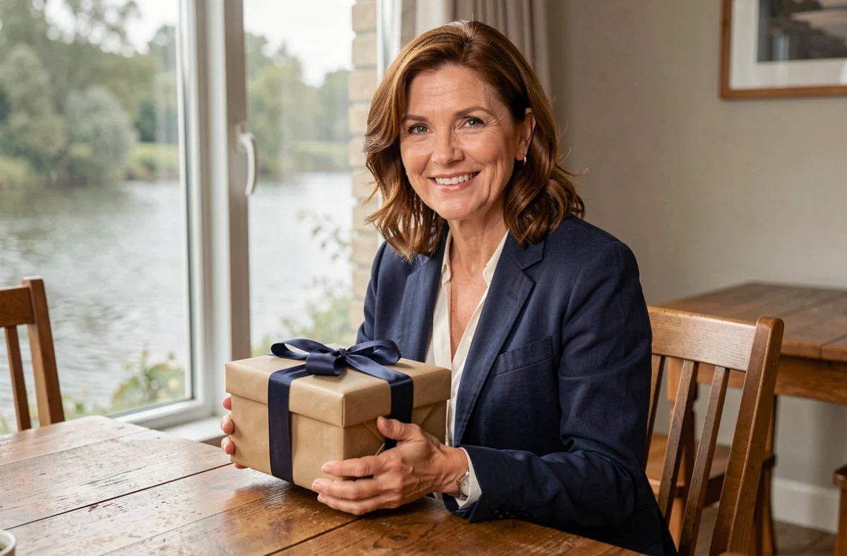 Femme offrant un coffret cadeau pour une croisière fluviale au bord d'une fenêtre avec vue sur la rivière