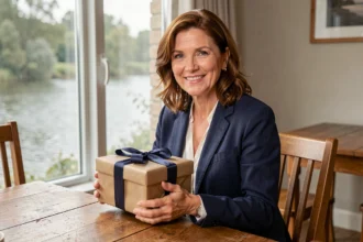 Femme offrant un coffret cadeau pour une croisière fluviale au bord d'une fenêtre avec vue sur la rivière