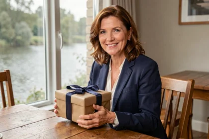 Femme offrant un coffret cadeau pour une croisière fluviale au bord d'une fenêtre avec vue sur la rivière