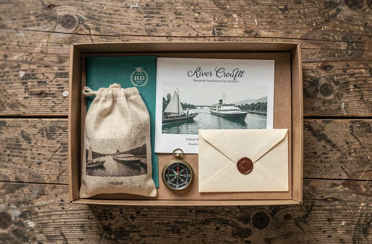 Coffret cadeau croisière fluviale posé sur bois rustique avec boussole et brochure de voyage
