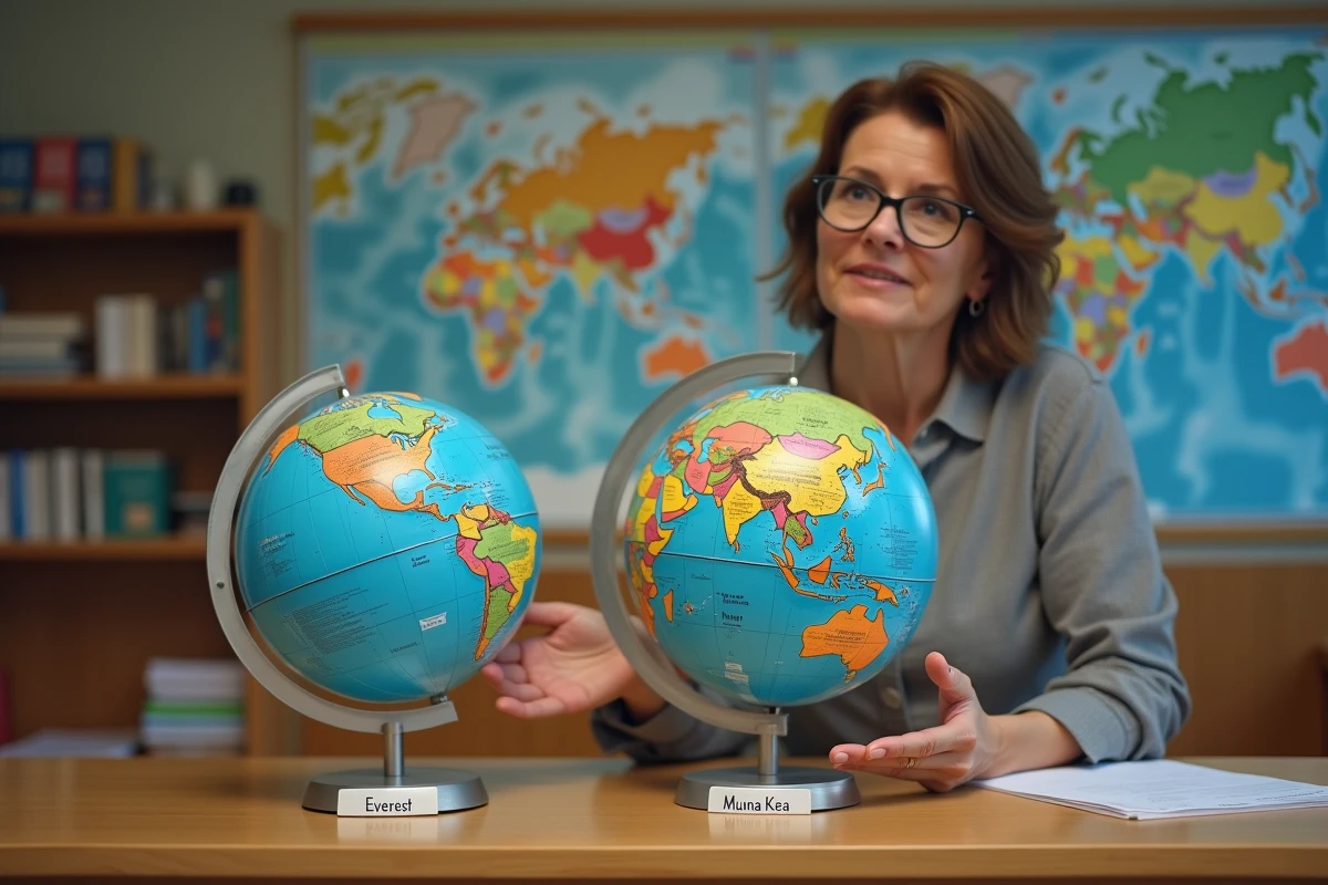 Professeure de géographie comparant deux globes en relief représentant l'Everest et le Mauna Kea dans une salle de classe universitaire