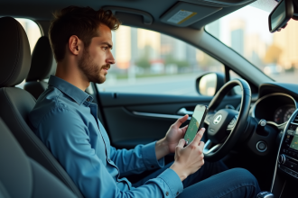 Jeune homme dans une voiture regardant son smartphone