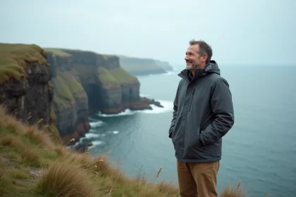 Homme en veste de randonn&eacute;e regardant la mer sur la c&ocirc;te de l'&icirc;le de Man