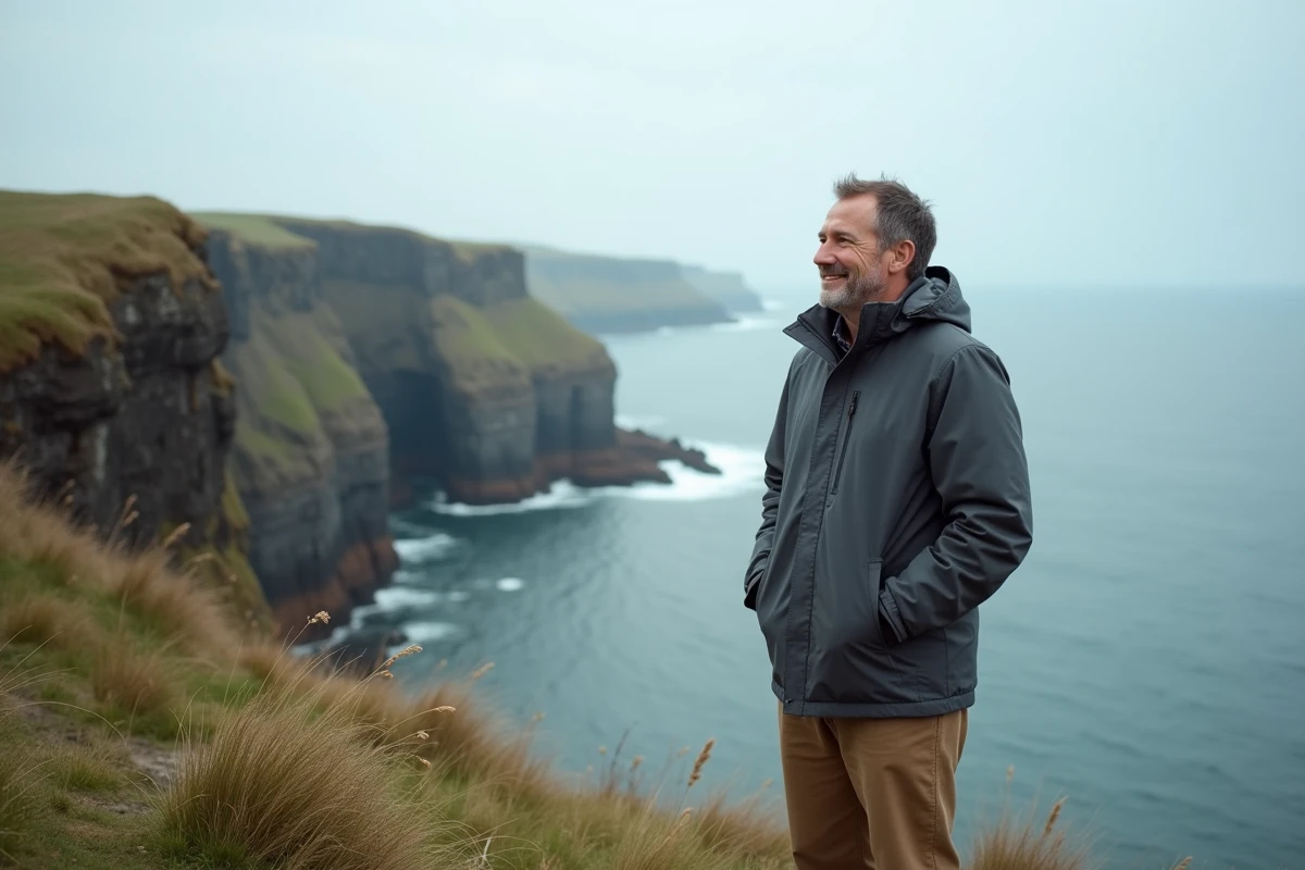 Homme en veste de randonnée regardant la mer sur la côte de l'île de Man