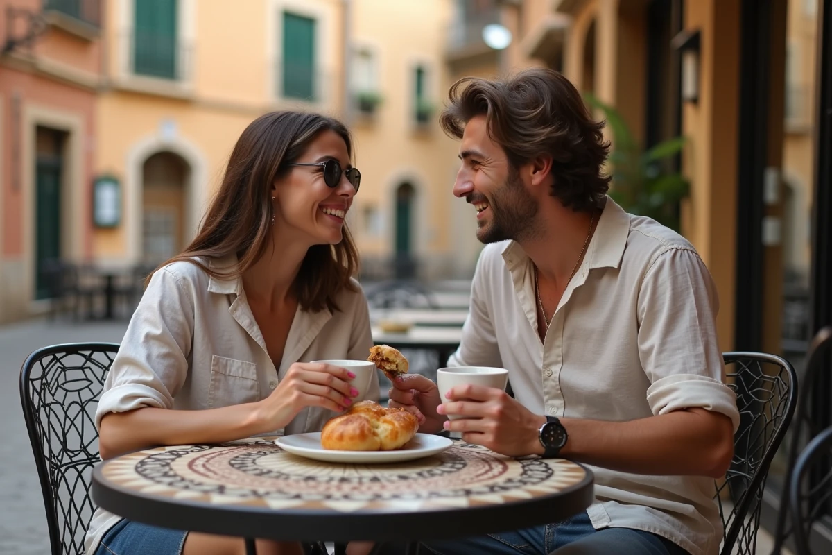 Jeune couple riant au café dans la vieille ville de Palma