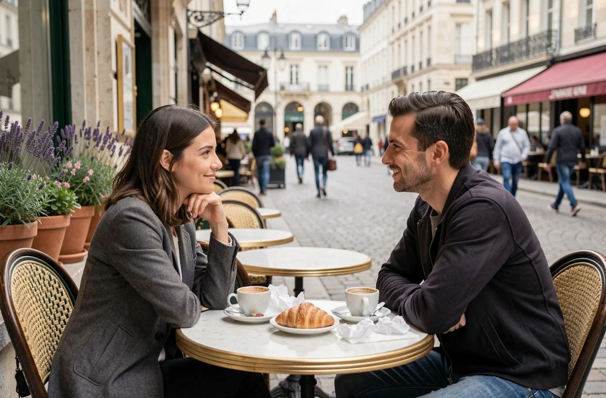 Couple amoureux partageant un café en terrasse sur une place animée du centre-ville du Mans