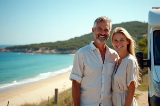 Couple souriant près de leur van sur la plage corse
