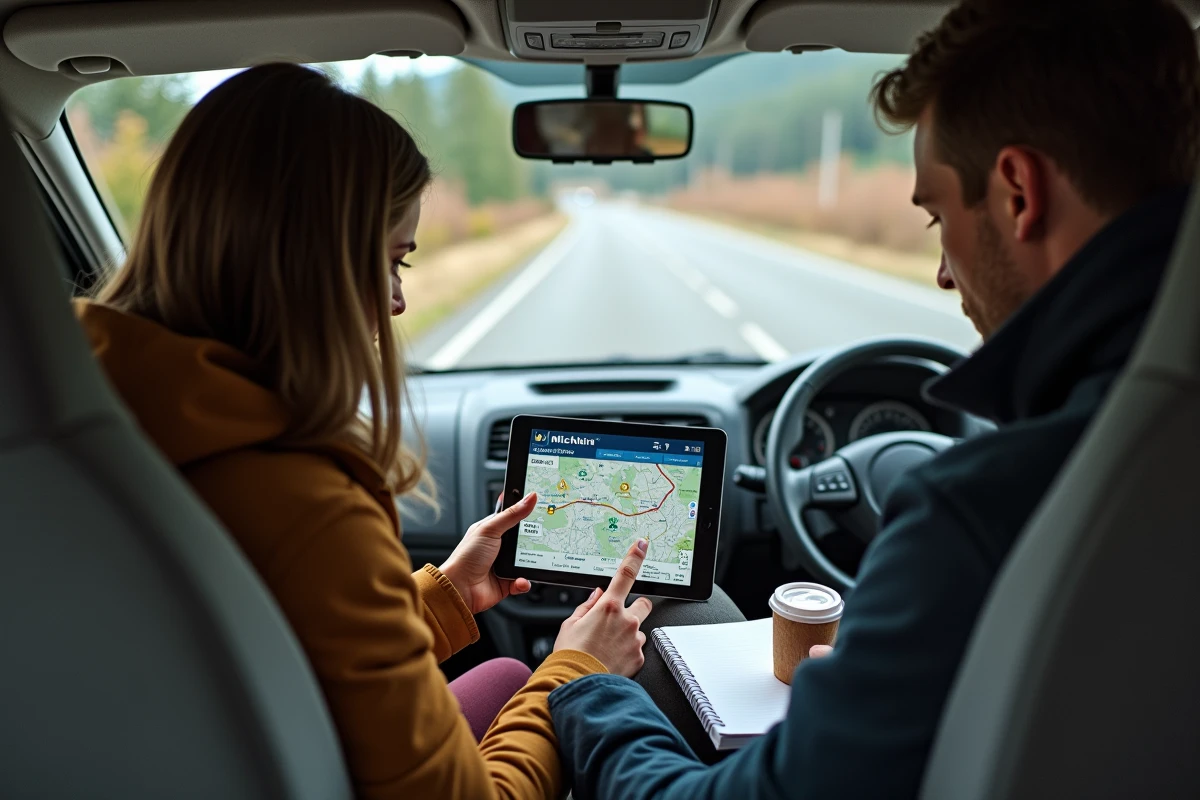 Couple planifiant un voyage en camping-car avec la carte Michelin affichant distance, durée et coût du trajet