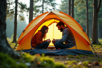 Jeune couple installant une tente dans la forêt