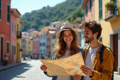 Jeune couple regardant une carte &agrave; Vernazza en Italie