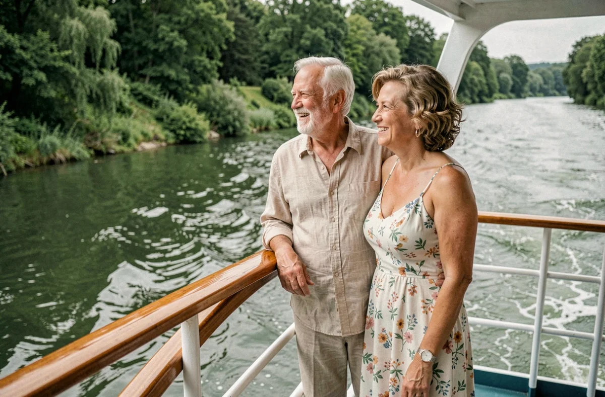 Couple de seniors profitant d'une croisière fluviale sur le pont du bateau au bord de la rivière