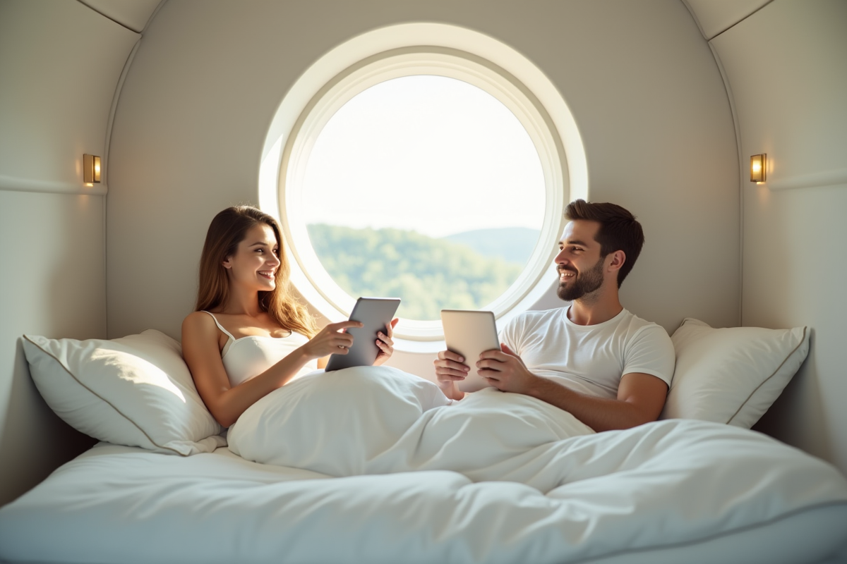 Couple souriant relaxant dans une capsule d