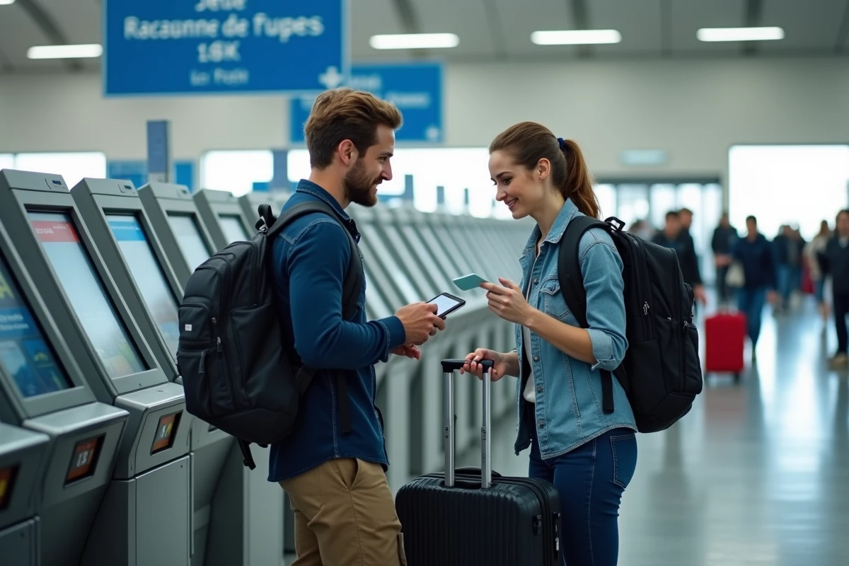 Couple déposant ses bagages en libre-service au kiosque d'un aéroport compagnie French bee